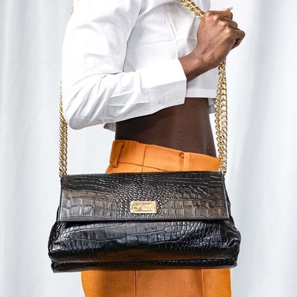Betty Black Crocodile Bag, Large Flap Shoulder Bag - Picture 1 of 5